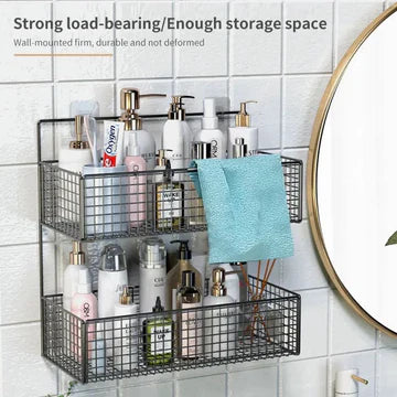 2 Layer Wall Mounted Bathroom Kitchen Storage Basket Rack