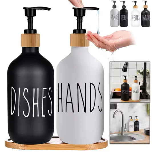 Two soap dispensers labeled 'Dishes' and 'Hands' with a hand washing action, set against a kitchen background.