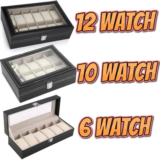 Luxury PU Leather Watch Storage Box with Glass Top | 6 / 10 / 12 Slot Watch Display Case