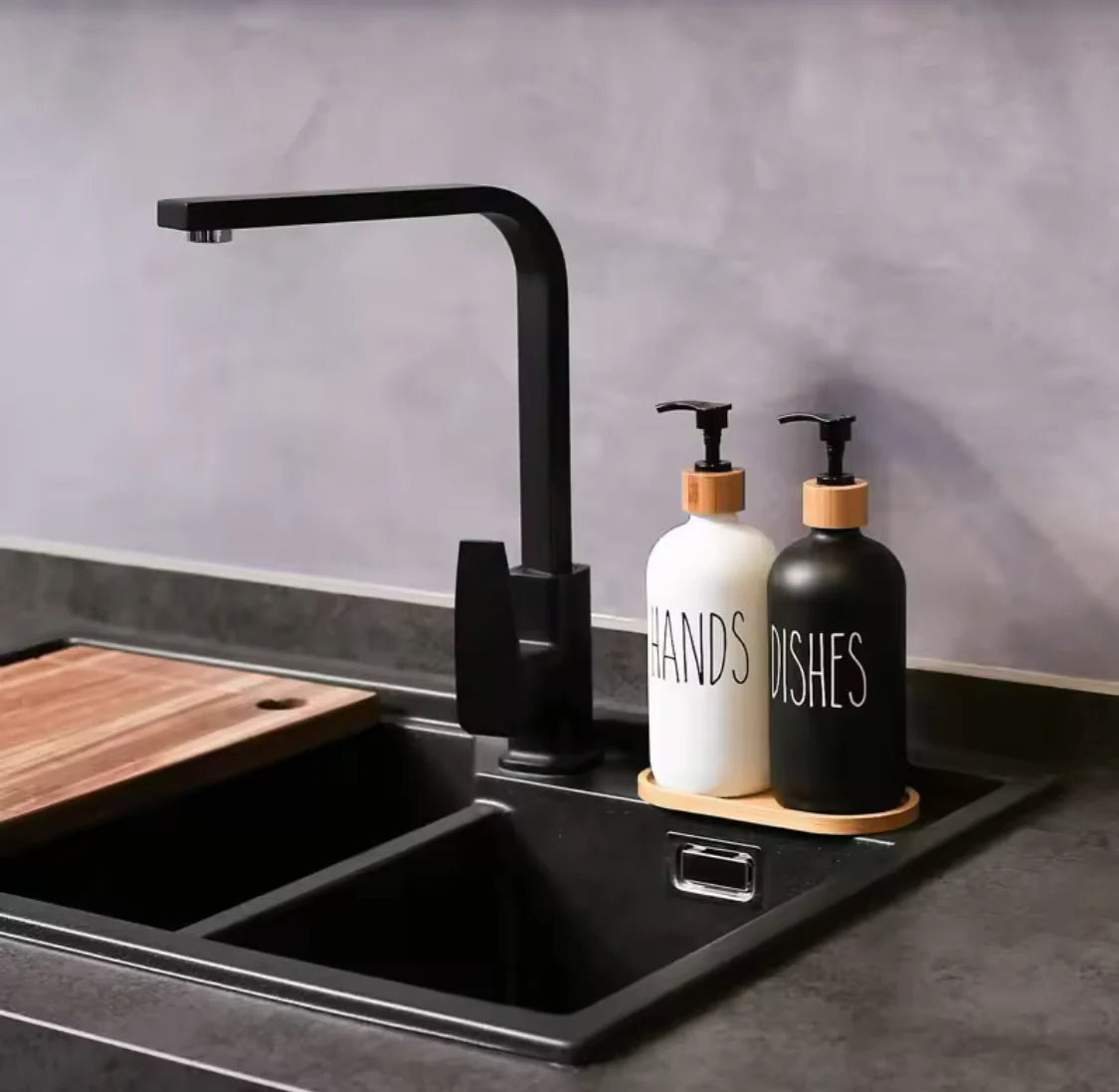 Soap Dispenser with Bamboo Tray – Bathroom & Kitchen Soap Holder