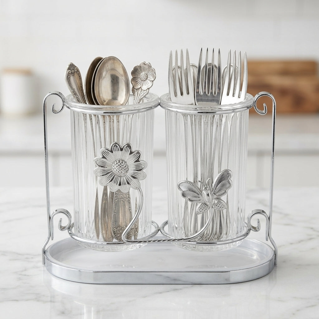 Decorative silverware holder with floral designs on a marble surface