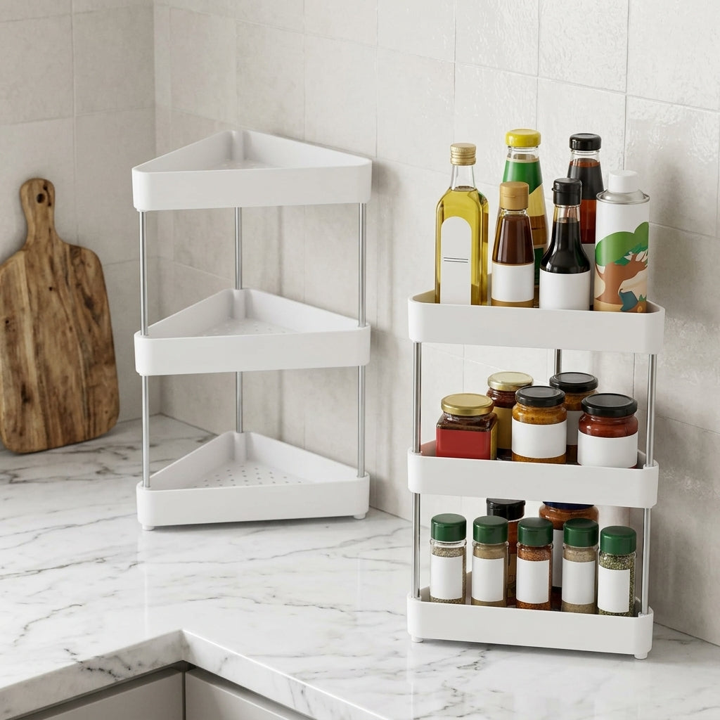 White corner storage unit with spices and oils on a kitchen counter.