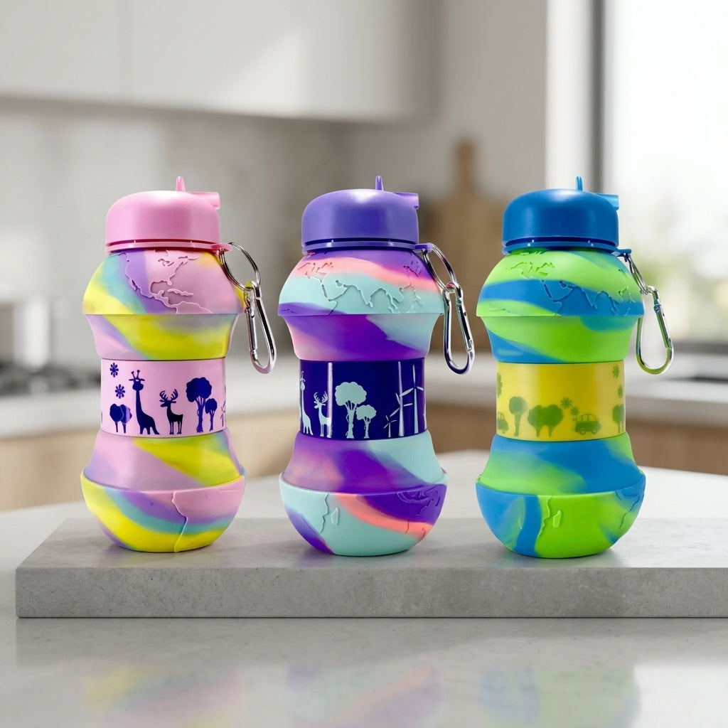 Three colorful water bottles with patterned bands on a kitchen counter.