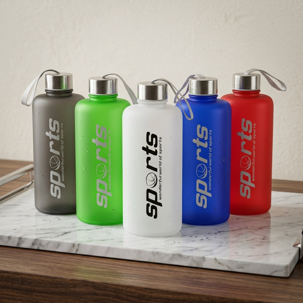 Five colorful sports water bottles on a marble surface with a neutral background.