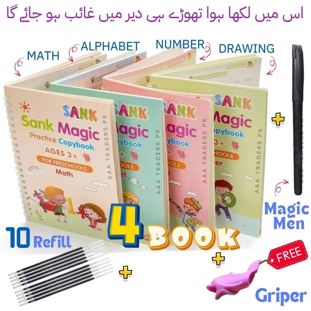 Children's Montessori writing practice book set with pen grip