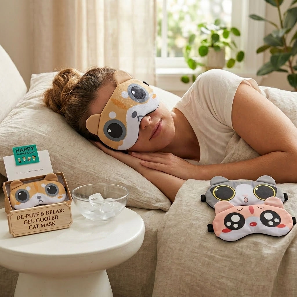 Woman wearing a cat-themed eye mask in a cozy living room setting with additional masks and a bowl on a table.