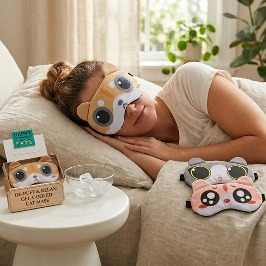 Woman wearing a cat-themed eye mask in a cozy living room setting with additional masks and a bowl on a table.