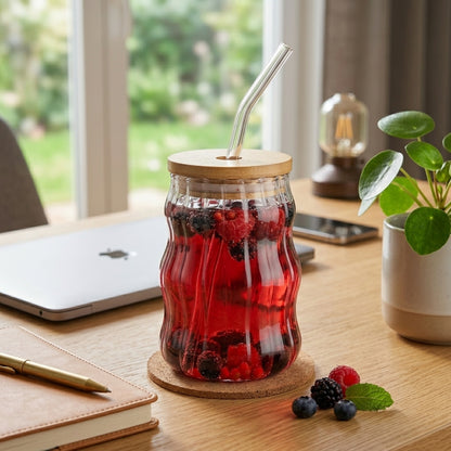 500ml Stripe Glass Cup with Lid & Straw – Iced Coffee Drinking Mug