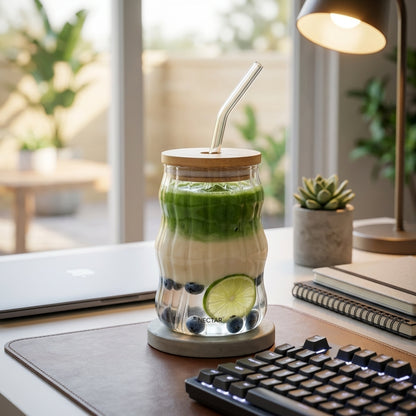 500ml Stripe Glass Cup with Lid & Straw – Iced Coffee Drinking Mug