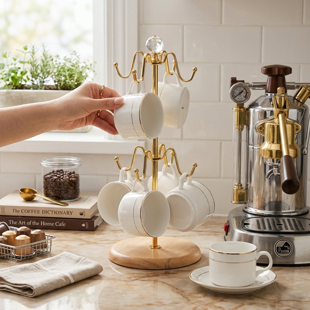 Golden & Wooden Mug Holder Stand – Stylish Kitchen Cup Organizer Rack