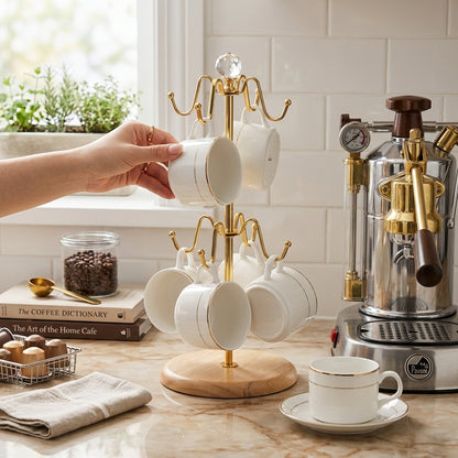 Golden & Wooden Mug Holder Stand – Stylish Kitchen Cup Organizer Rack
