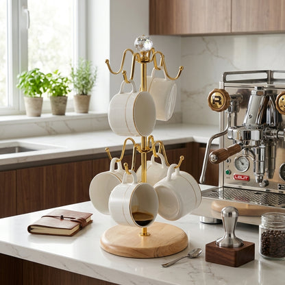 Golden & Wooden Mug Holder Stand – Stylish Kitchen Cup Organizer Rack