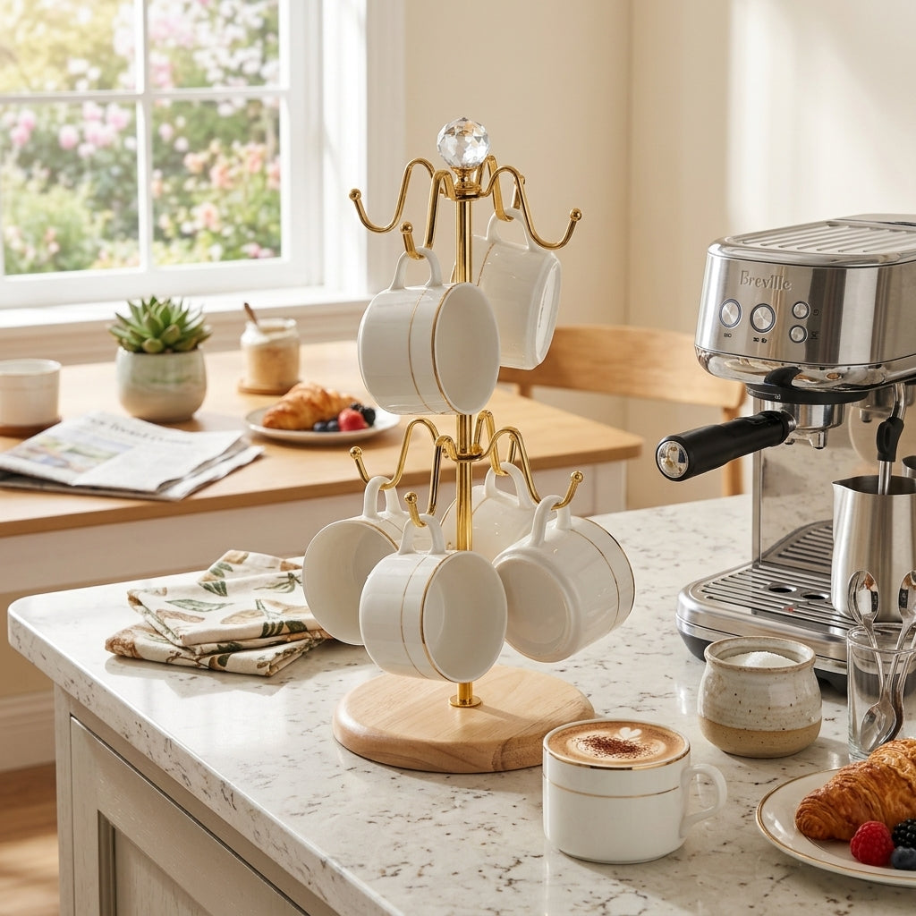 Golden & Wooden Mug Holder Stand – Stylish Kitchen Cup Organizer Rack