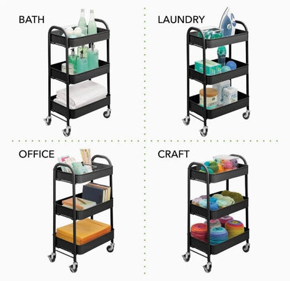 3 Layer Stainless Steel Kitchen Trolley with Wheels | Imported 3 Tier Metal Cart