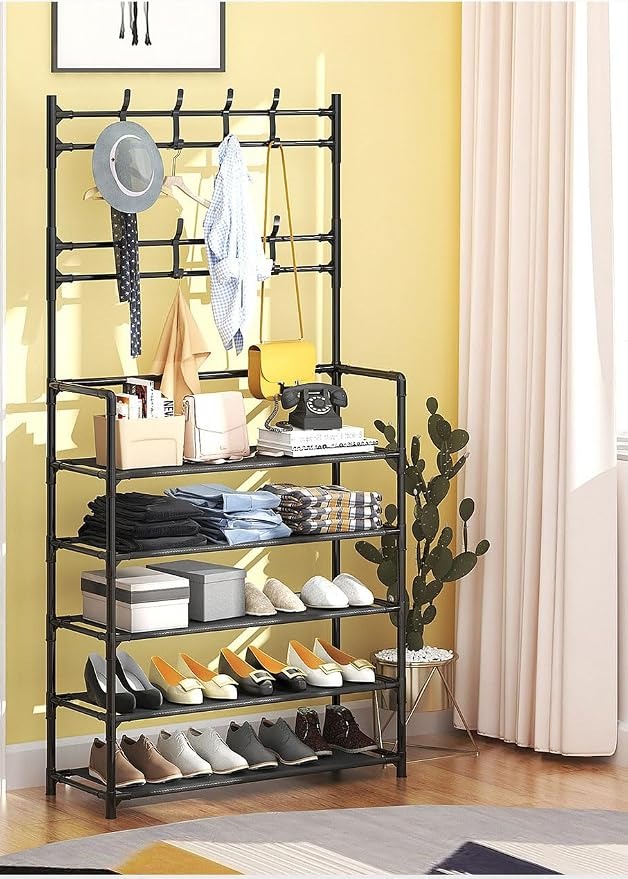 Entryway shoe storage rack with coat hooks for bedroom and home
