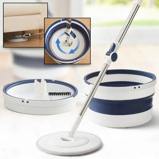 Flat Spin Mop with collapsible bucket and telescopic handle