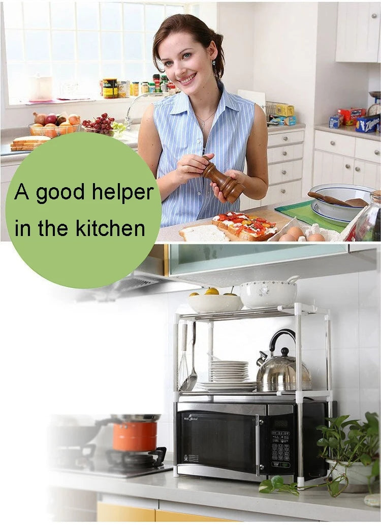 Adjustable Microwave Oven Stand with Telescopic Framework | Heavy-Duty 2-Tier Kitchen Storage & Dish Drying Rack