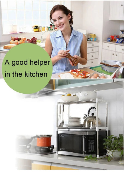 Adjustable Microwave Oven Stand with Telescopic Framework | Heavy-Duty 2-Tier Kitchen Storage & Dish Drying Rack