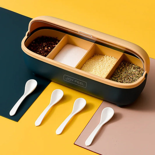 4-Compartment Seasoning Container with Spoons | Nordic Style Masala Jar Spice Box Set for Kitchen