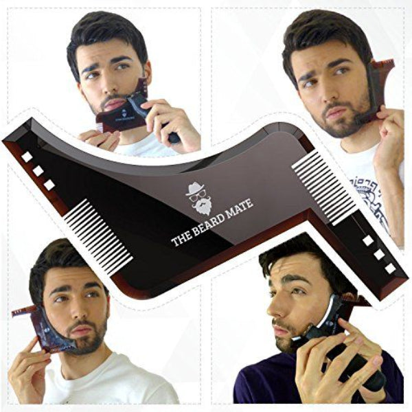 Collage of a man using 'The Beard Mate' product with close-up shots.