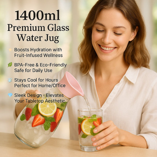 Woman pouring water from a glass water jug with fruit-infused wellness into a glass.