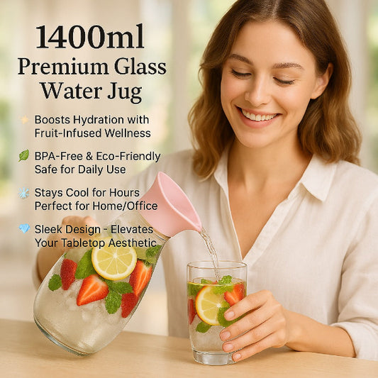 Woman pouring water from a glass water jug with fruit-infused wellness into a glass.