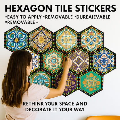 Woman applying hexagon tile stickers on a wall with text highlighting features and encouraging rethinking space decoration.
