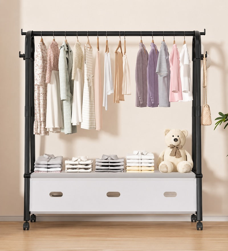 Movable standing clothes rack with wheels for clothing storage