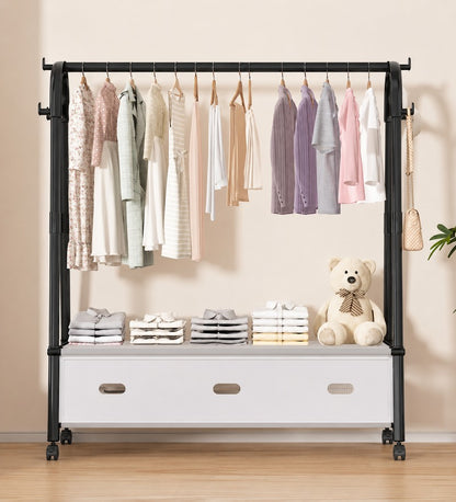Movable standing clothes rack with wheels for clothing storage