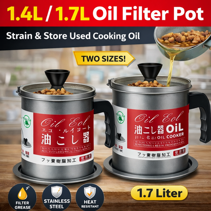 1.7L/1.4L Stainless Steel Oil Filter Pot with Strainer | Grease Keeper & Oil Storage Container with Dust Lid