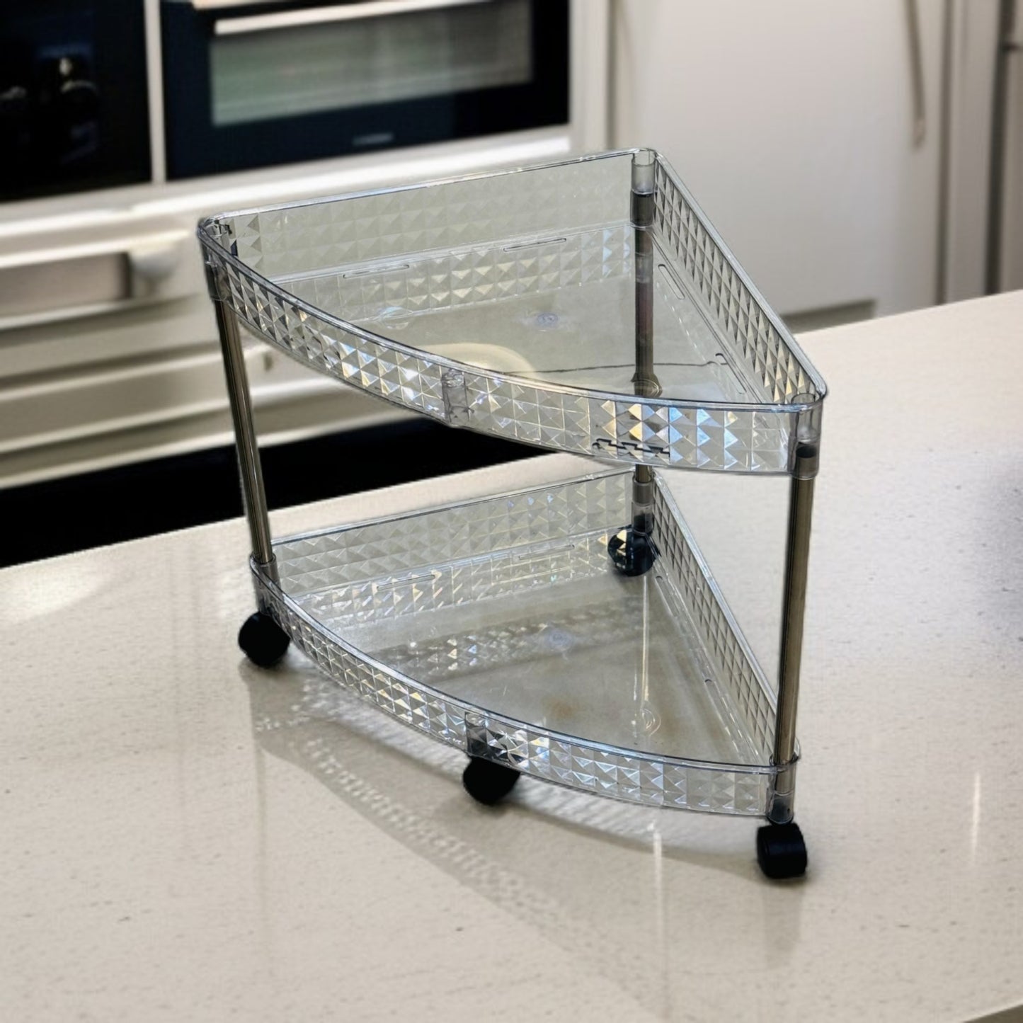 2 Tier Acrylic Triangle Storage Cart | Corner Organizer with 360° Wheels