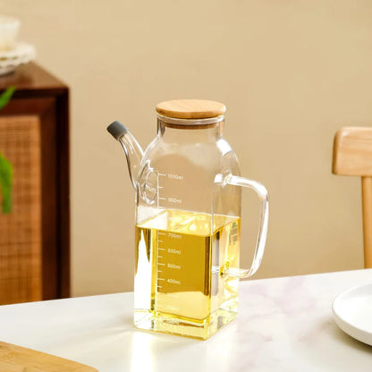 Glass Oil Jug with Airtight Wooden Lid – Kitchen Oil Dispenser