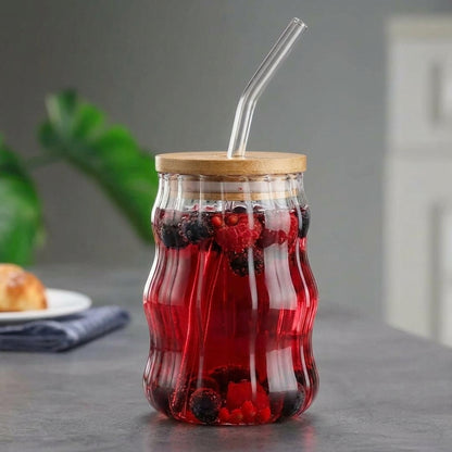 500ml Stripe Glass Cup with Lid & Straw – Iced Coffee Drinking Mug