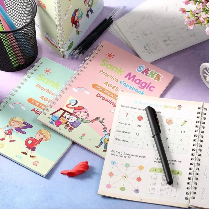 Reusable handwriting copybooks with magic pen and refills