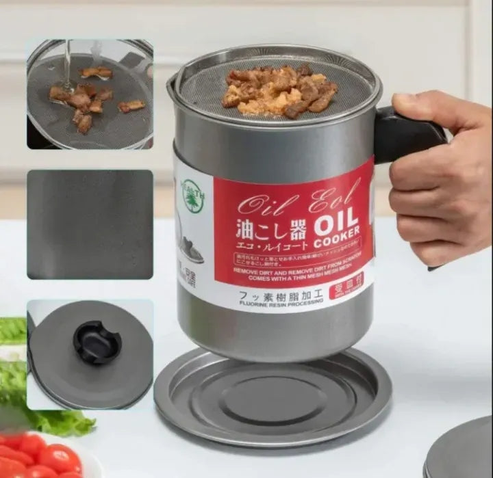 1.7L/1.4L Stainless Steel Oil Filter Pot with Strainer | Grease Keeper & Oil Storage Container with Dust Lid