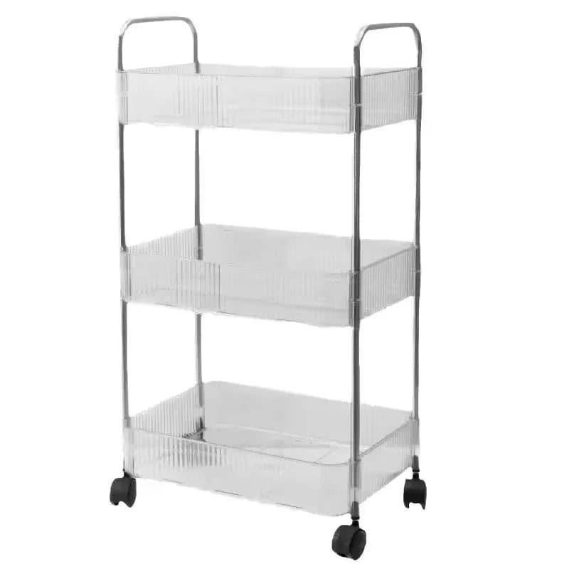 4-Tier Transparent Acrylic Corner Trolley – Premium Rolling Storage for Home & Kitchen