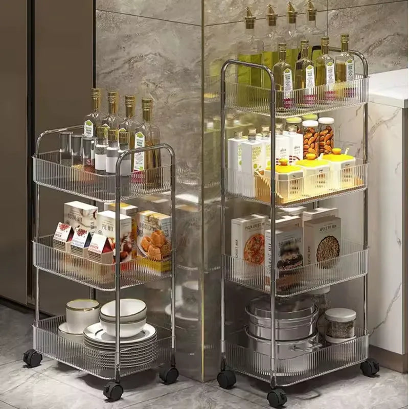 4-Tier Transparent Acrylic Corner Trolley – Premium Rolling Storage for Home & Kitchen