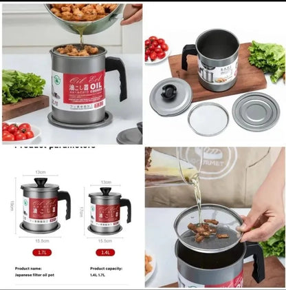 1.7L/1.4L Stainless Steel Oil Filter Pot with Strainer | Grease Keeper & Oil Storage Container with Dust Lid