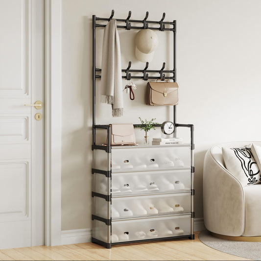 Shoe and hat storage rack for entryway with cover