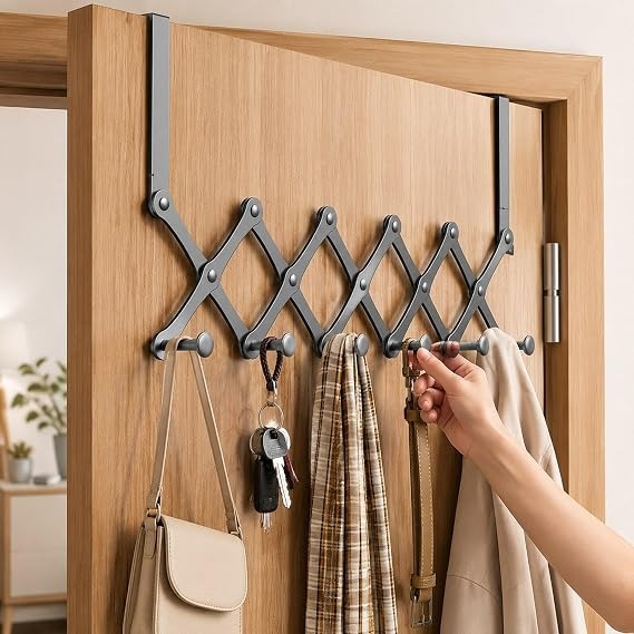 Space saving 6 hook door hanger for coats bags and accessories