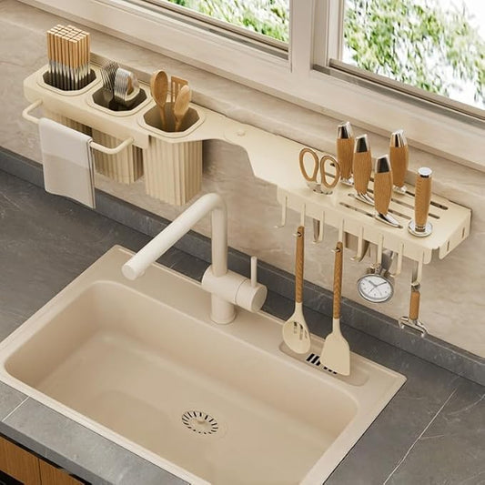 Wall mounted kitchen organizer rack with knife holder and hanging hooks