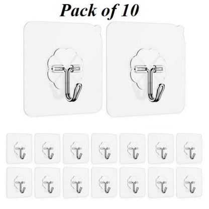 Pack of 10 transparent wall hooks on a white background