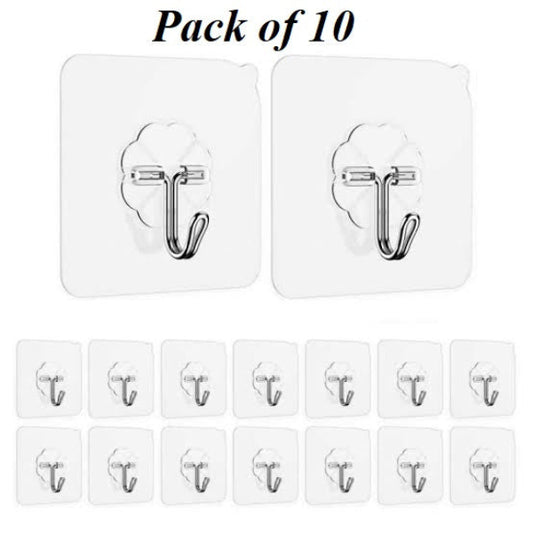 Pack of 10 transparent wall hooks on a white background