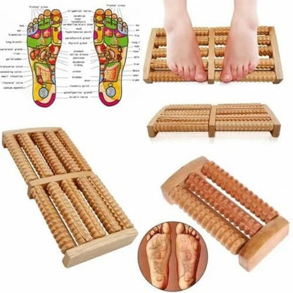 Wooden foot roller massager with foot diagram and close-up of feet on roller.