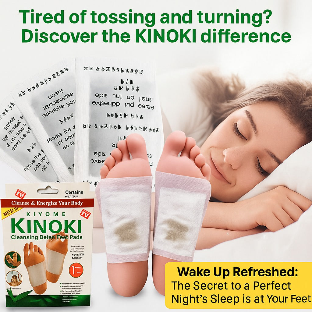 Advertisement for KINOKI cleansing detox foot pads with a woman sleeping and foot pads on display.