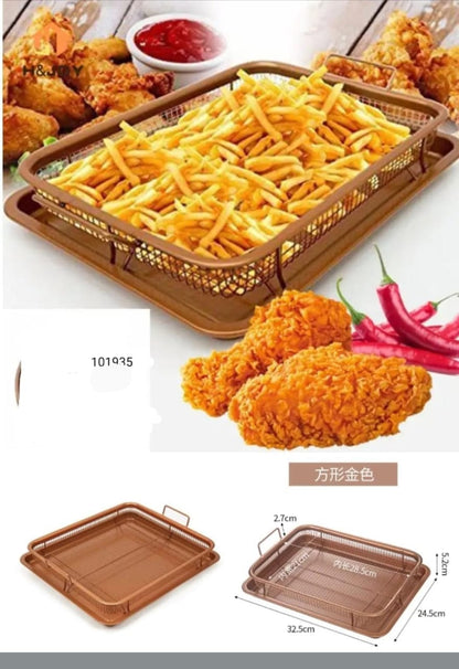 Stainless Steel Roasting Basket with Oil Drain Rack | Double-Eared Mesh Baking Tray Set (2 Pcs) for Air Fryer, Oven & BBQ