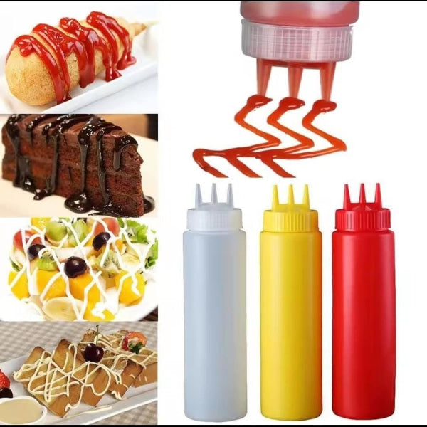 Collage of food items with condiment bottles and a close-up of a bottle dispensing red sauce.