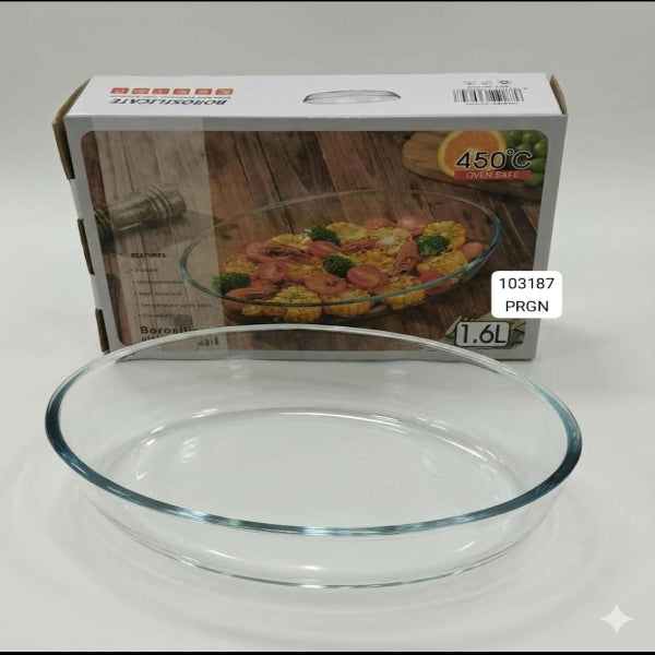 Clear glass baking dish with a branded box in the background