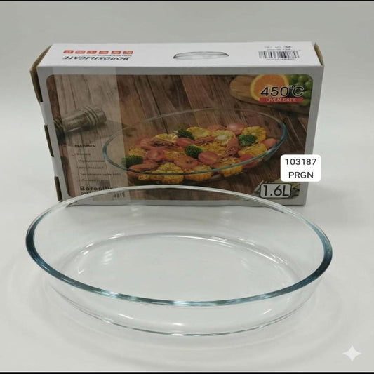 Clear glass baking dish with a branded box in the background