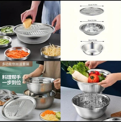 Stainless Steel Vegetable Grater Bowl – Kitchen Drain Basket & Slicer